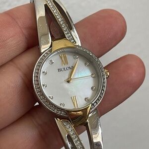 Bulova  98L227 two tone clear crystal, mother of pearl MOP  quartz  watch